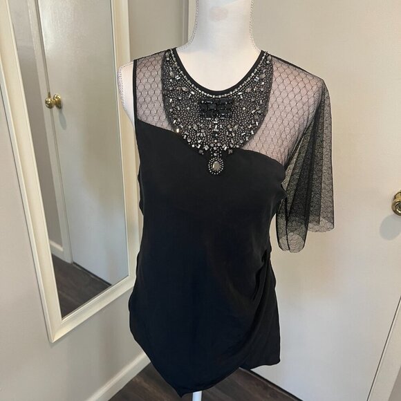 BCBGMaxAzria Black Beaded One Shoulder Mesh asymmetrical Silk blouse, Size S - Picture 1 of 16
